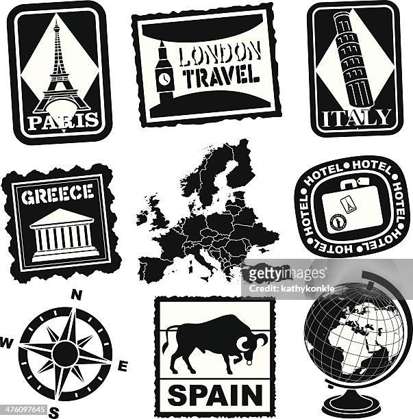 european travel icons or luggage labels - bullfighter 幅插畫檔、美工圖案、卡通及圖標