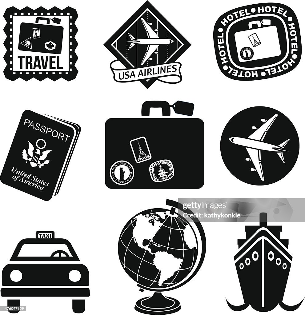 Travel icons in black and white