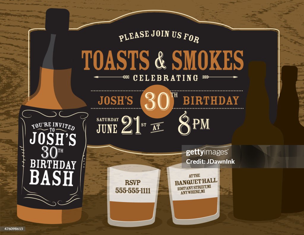 Men's birthday party invitation design with liquor bottles