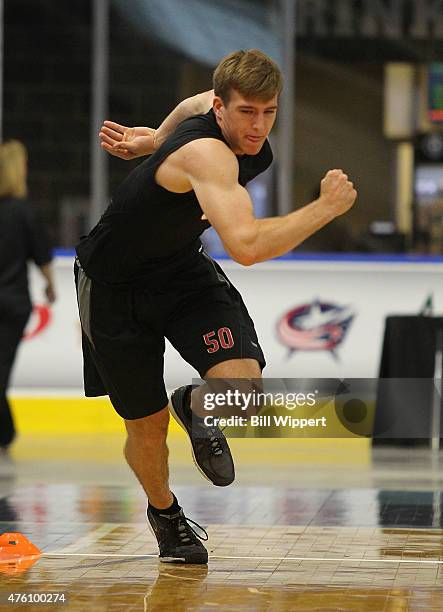 Noah Hanifin performs an agility test during the NHL Combine at HarborCenter on June 6, 2015 in Buffalo, New York.