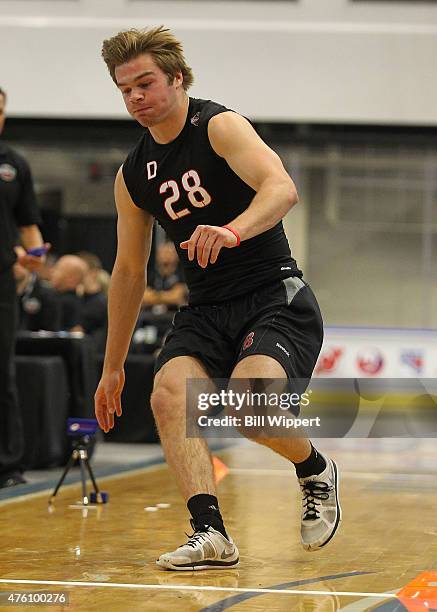 Nicholas Boka performs an agility test during the NHL Combine at HarborCenter on June 6, 2015 in Buffalo, New York.