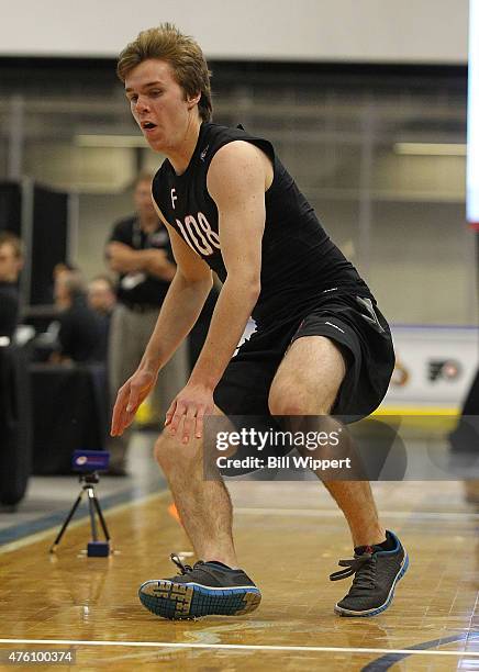 Connor McDavid performs am agility test during the NHL Combine at HarborCenter on June 6, 2015 in Buffalo, New York.