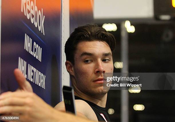 Ivan Provorov has his wingspan measured during the NHL Combine at HarborCenter on June 6, 2015 in Buffalo, New York.