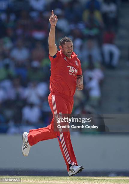 Tim Bresnan of England celebrates dismissing Denesh Ramdin of the West Indies during the 2nd One Day International between the West Indies and...