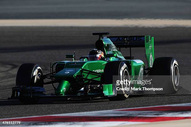 Kamui Kobayashi of Japan and Caterham drives during day four of Formula One Winter Testing at the Bahrain International Circuit on March 2, 2014 in...
