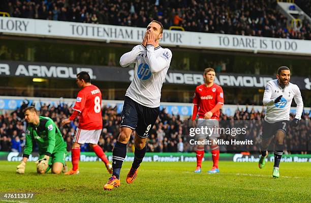 Roberto Soldado of Tottenham Hotspur celebrates scoring the opening goal during the Barclays Premier League match between Tottenham Hotspur and...