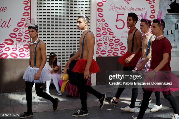 Revellers walk the streets during the Santa Cruz de Tenerife Carnival on March 2, 2014 in Santa Cruz de Tenerife on the Canary island of Tenerife,...