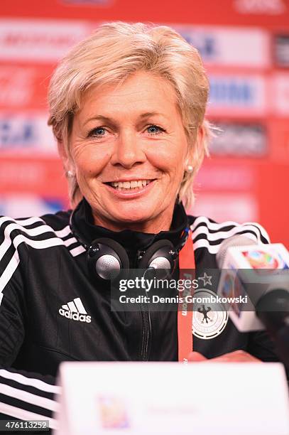 Head coach Silvia Neid of Germany attends a press conference ahead of their Group B match against Cote d'Ivoire at Lansdowne Stadium on June 6, 2015...