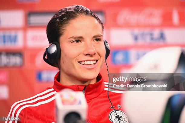 Annike Krahn of Germany attends a press conference ahead of their Group B match against Cote d'Ivoire at Lansdowne Stadium on June 6, 2015 in Ottawa,...