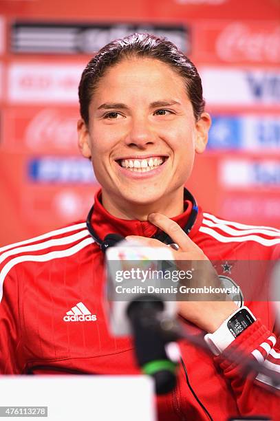 Annike Krahn of Germany attends a press conference ahead of their Group B match against Cote d'Ivoire at Lansdowne Stadium on June 6, 2015 in Ottawa,...