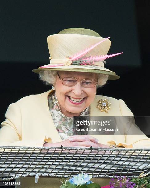 Queen Elizabeth II attends the Epsom Derby at Epsom Racecourse on June 6, 2015 in Epsom, England.