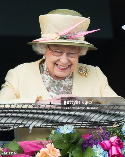 Queen Elizabeth II attends the Epsom Derby at Epsom Racecourse on June 6, 2015 in Epsom, England.