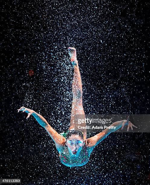 Member of the Japan team competes during the Synchronized Swimming Team Free Final on day seven of the 15th FINA World Championships at Palau Sant...