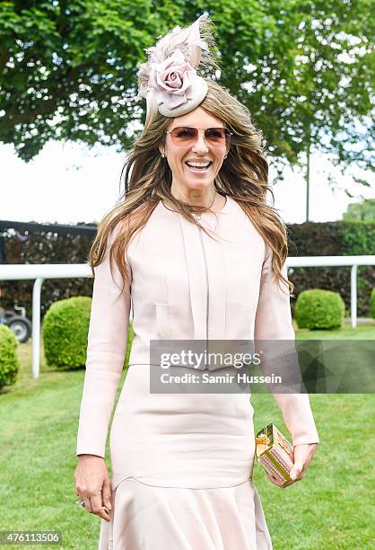 Elizabeth Hurley attends the Epsom Derby at Epsom Racecourse on June 6, 2015 in Epsom, England.