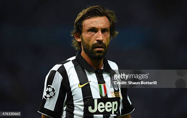 Andrea Pirlo of Juventus looks on during the UEFA Champions League Final between Juventus and FC Barcelona at Olympiastadion on June 6, 2015 in...