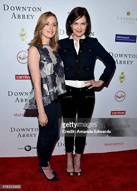 Actresses Elizabeth McGovern and Laura Carmichael arrive at the Afternoon With "Downton Abbey" Talent Panel at the Writers Guild Theater on June 6,...