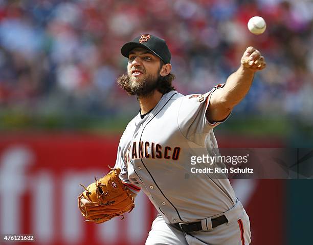 Madison Bumgarner of the San Francisco Giants delivers a pitch against the Philadelphia Phillies during the first inning of a MLB game at Citizens...