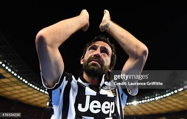 Andrea Pirlo of Juventus applauds the fans after the UEFA Champions League Final between Juventus and FC Barcelona at Olympiastadion on June 6, 2015...