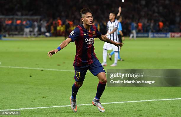 Neymar of Barcelona celebrates scoring his team's third goal during the UEFA Champions League Final between Juventus and FC Barcelona at...