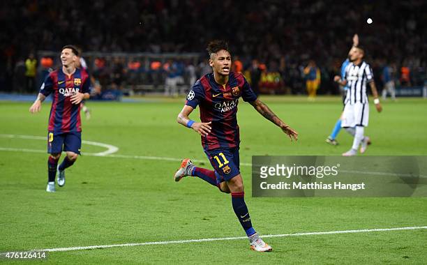Neymar of Barcelona celebrates scoring his team's third goal during the UEFA Champions League Final between Juventus and FC Barcelona at...