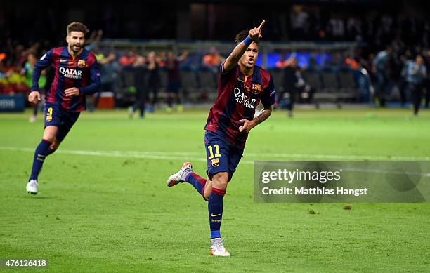 Neymar of Barcelona celebrates scoring his team's third goal during the UEFA Champions League Final between Juventus and FC Barcelona at...