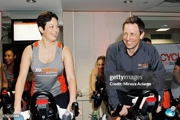 Ellie Krieger and Seth Meyers attend the 2014 "Cycle For Survival" Benefit Ride for Memorial Sloan Kettering Cancer Center at Equinox Rock Center on...