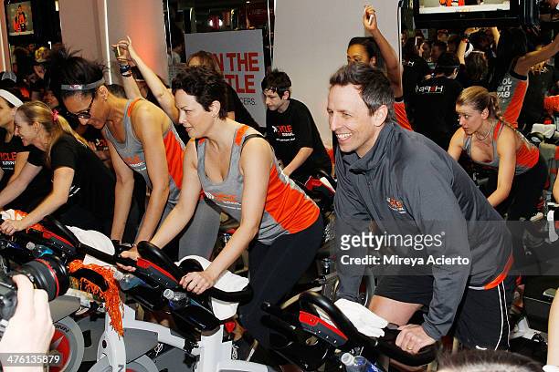 Carla Hall, Ellie Krieger and Seth Meyers attend the 2014 "Cycle For Survival" Benefit Ride for Memorial Sloan Kettering Cancer Center at Equinox...
