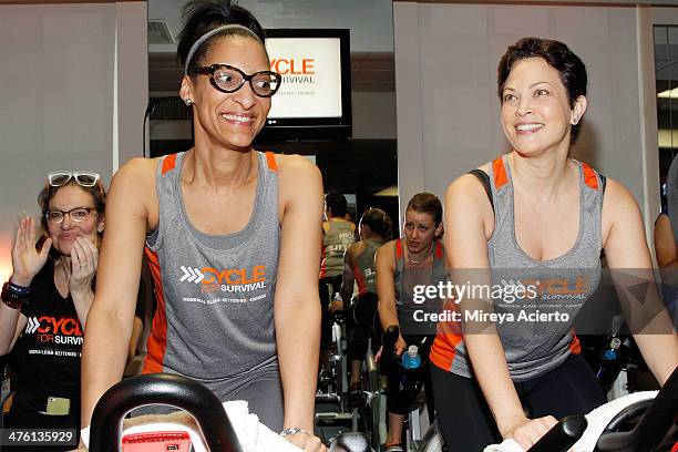 Carla Hall and Ellie Krieger attend the 2014 "Cycle For Survival" Benefit Ride for Memorial Sloan Kettering Cancer Center at Equinox Rock Center on...