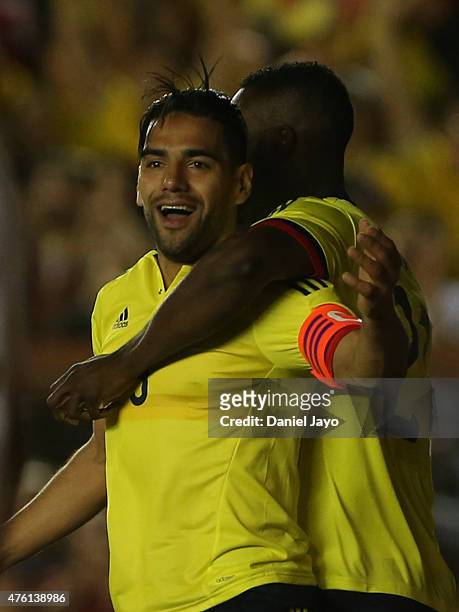 Radamel Falcao Garcia, of Colombia, celebrates with teammate Jackson Martinez after scoring during a friendly match between Colombia and Costa Rica...