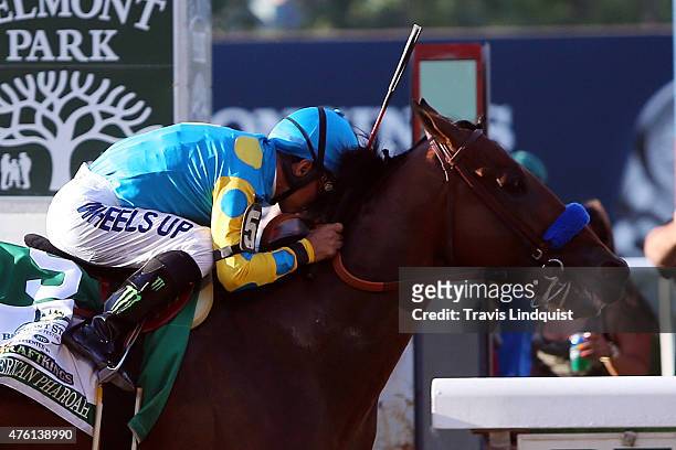 Victor Espinoza, celebrates atop American Pharoah, after winning the 147th running of the Belmont Stakes at Belmont Park on June 6, 2015 in Elmont,...