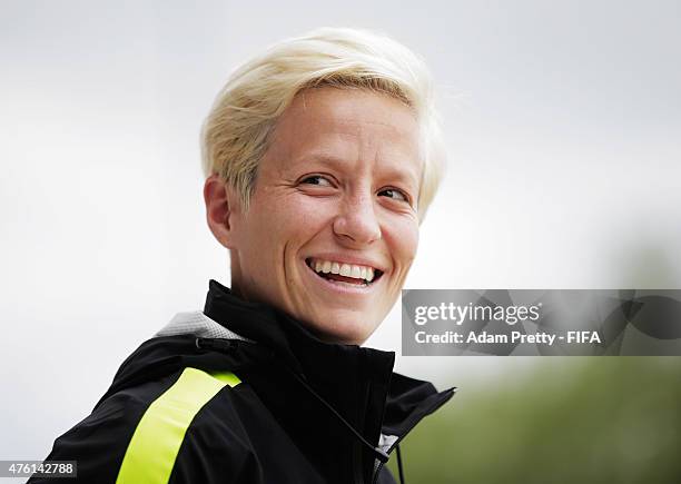 Megan Rapinoe of United States of America smiles during USA training at Waverly Soccer Complex on June 6, 2015 in Vancouver, Canada.
