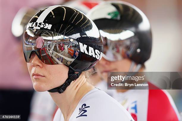 Jessica Varnish of Great Britain prepares to ride in the Women's Keirin during day five of the 2014 UCI Track Cycling World Championships at the...