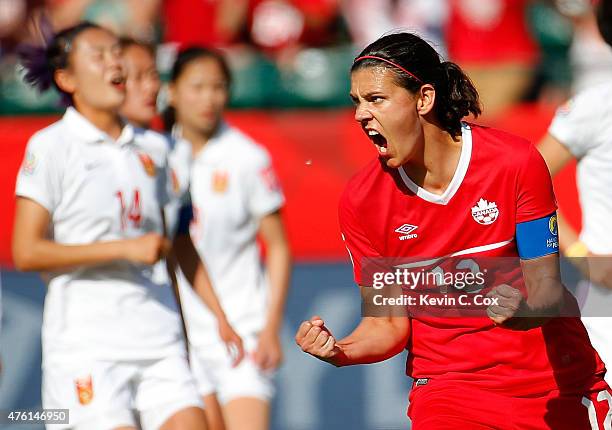 Christine Sinclair of Canada reacts after scoring the go-ahead goal on a penalty kick in the final minutes against China during the FIFA Women's...