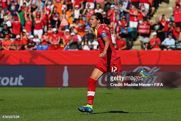Christine Sinclair of Canada celebrates after scoring a game winning penalty kick against China PR during second half of the FIFA Women's World Cup...