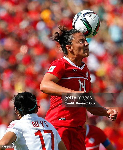 Melissa Tancredi of Canada wins a header against Gu Yasha of China during the FIFA Women's World Cup Canada 2015 Group A match between Canada and...