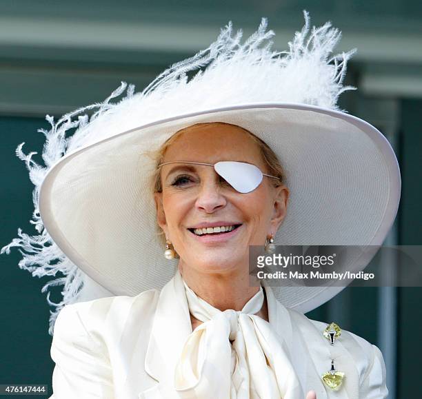 Princess Michael of Kent watches the racing from the balcony of the Royal Box on Derby Day during the Investec Derby Festival at Epsom Racecourse on...