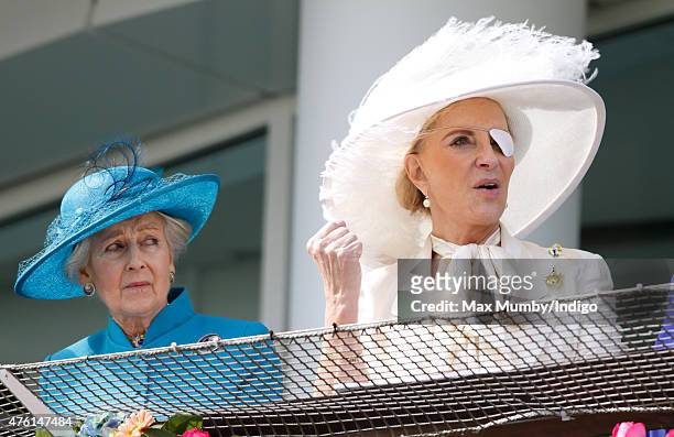 Princess Alexandra looks on as Princess Michael of Kent cheers whilst watching the racing from the balcony of the Royal Box on Derby Day during the...