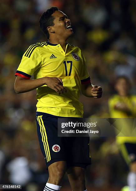 Carlos Bacca, of Colombia, reacts after missing a chance to score during a friendly match between Colombia and Costa Rica at Diego Armando Maradona...