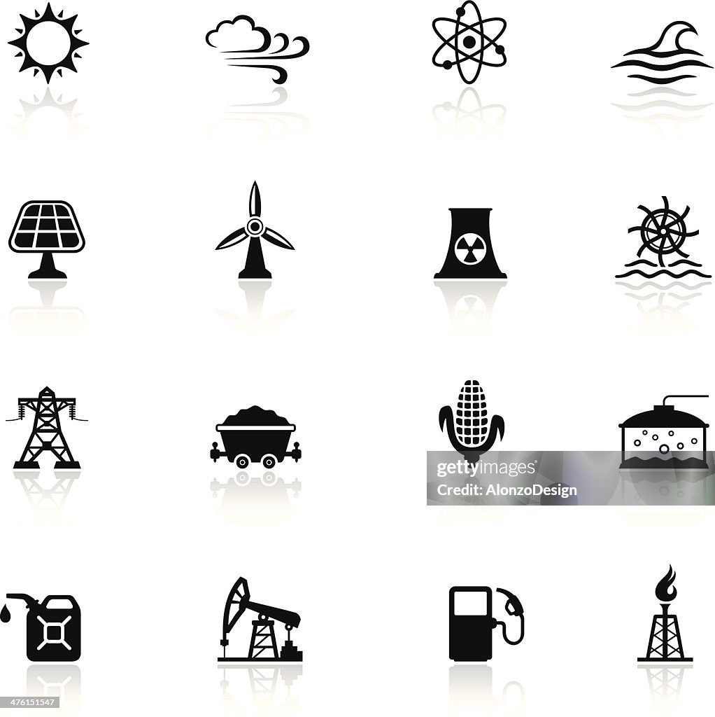 La industria y conjunto de iconos de fuentes de energía