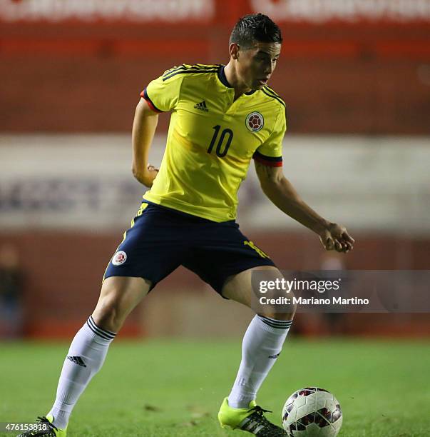 James Rodriguez of Colombia drives the ball during a friendly match between Colombia and Costa Rica at Diego Armando Maradona Stadium on June 06,...