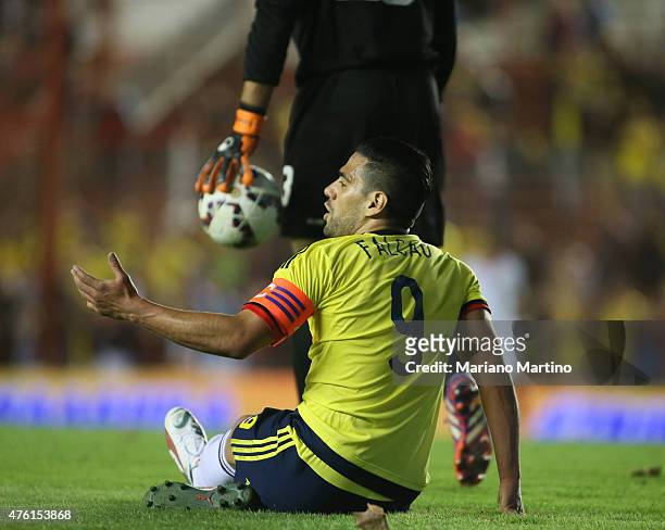 Radamel Falcoa Garcia gestures during a friendly match between Colombia and Costa Rica at Diego Armando Maradona Stadium on June 06, 2015 in Buenos...