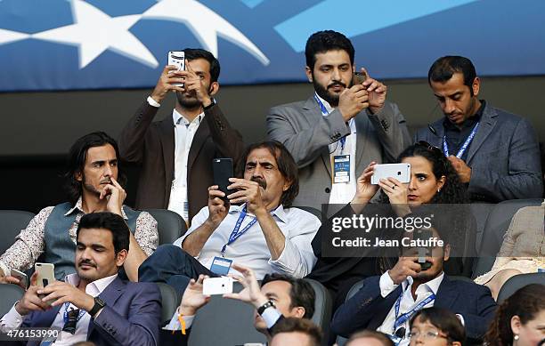 Former Emir of Qatar Sheikh Hamad ben Khalifa al-Thani attends the UEFA Champions League Final between Juventus Turin and FC Barcelona at...