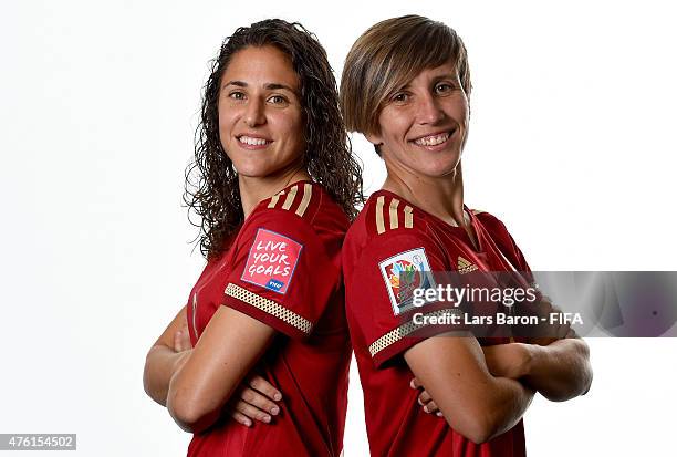 Veronica Boquete and Sonia Bermudez of Spain pose during the FIFA Women's World Cup 2015 portrait session at Sheraton Le Centre on June 6, 2015 in...