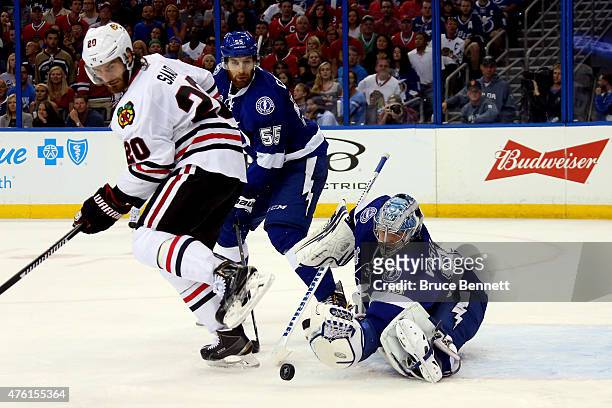 Andrei Vasilevskiy of the Tampa Bay Lightning makes a save during the third period against the Chicago Blackhawks in Game Two of the 2015 NHL Stanley...