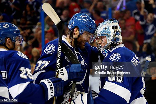 Victor Hedman of the Tampa Bay Lightning celebrates with teammate Andrei Vasilevskiy after defeating the Chicago Blackhawks 4 to 3 in Game Two of the...