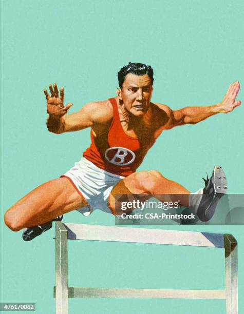 ilustraciones, imágenes clip art, dibujos animados e iconos de stock de hombre salto obstáculos - atletismo en pista masculino