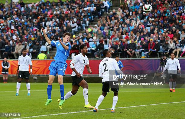 Eldor Shomurodov of Uzbekistan scores the opening goal during the FIFA U-20 World Cup Group F match between Fiji and Uzbekistan at the Northland...