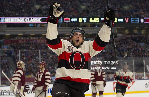 Clarke MacArthur of the Ottawa Senators celebrates after scoring a goal during the first period in NHL action against the Vancouver Canucks on March...