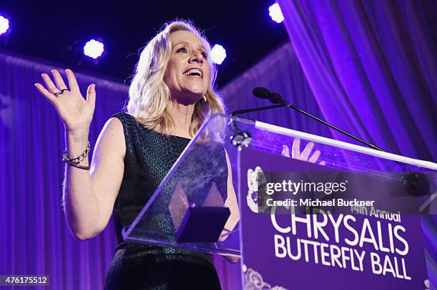 Honoree Betsy Beers speaks onstage during the 14th annual Chrysalis Butterfly Ball sponsored by Audi, Kayne Anderson, Lauren B. Beauty and Z Gallerie...