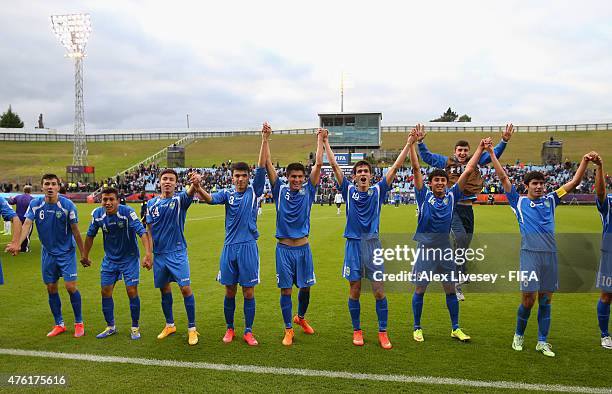 The players of Uzbekistan celebrate victory over Fiji in the FIFA U-20 World Cup Group F match between Fiji and Uzbekistan at the Northland Events...